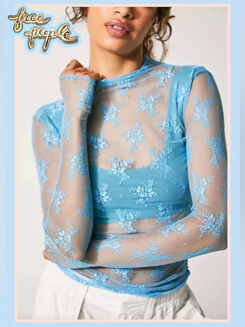 NEW Intimately Free People Lady Lux lace layering top in blue bell XS